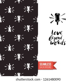 Greeting card with rock-style seamless pattern, text: love beyond words. Hand drawn graphic rock music attributes doodle elements. Vector template for music band, concert, party.