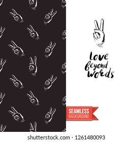 Greeting card with rock-style seamless pattern, text: love beyond words. Hand drawn graphic rock music attributes doodle elements. Vector template for music band, concert, party.