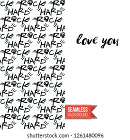 Greeting card with rock-style seamless pattern, text: love you. Hand drawn graphic rock music attributes doodle elements. Vector template for music band, concert, party. Invitation, postcard or flyer.