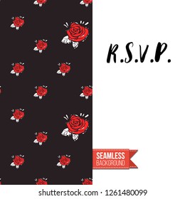 Greeting card with rock-style seamless pattern, text: r.s.v.p.. Hand drawn graphic rock music attributes doodle elements. Vector template for music band, concert, party. Invitation, postcard or flyer.