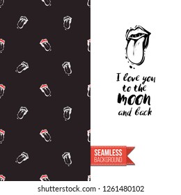 Greeting card with rock-style seamless pattern, text: i love you to the moon and back. Hand drawn graphic rock music attributes doodle elements. Vector template for music band, concert, party.