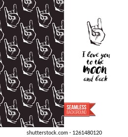 Greeting card with rock-style seamless pattern, text: i love you to the moon and back. Hand drawn graphic rock music attributes doodle elements. Vector template for music band, concert, party.