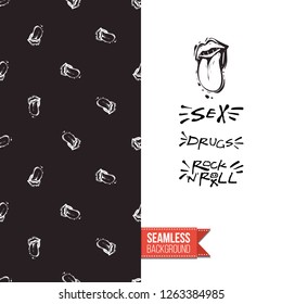 Greeting card with rock-style seamless pattern, text: sex drugs rock-n-roll. Hand drawn graphic rock music attributes doodle elements. Vector template for music band, concert, party.