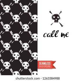 Greeting card with rock-style seamless pattern, text: call me. Hand drawn graphic rock music attributes doodle elements. Vector template for music band, concert, party. Invitation, postcard or flyer.