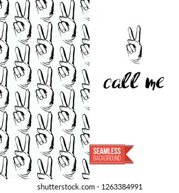 Greeting card with rock-style seamless pattern, text: call me. Hand drawn graphic rock music attributes doodle elements. Vector template for music band, concert, party. Invitation, postcard or flyer.