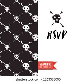 Greeting card with rock-style seamless pattern, text: rsvp. Hand drawn graphic rock music attributes doodle elements. Vector template for music band, concert, party. Invitation, postcard or flyer.