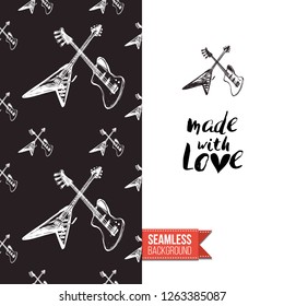 Greeting card with rock-style seamless pattern, text: made with love. Hand drawn graphic rock music attributes doodle elements. Vector template for music band, concert, party.