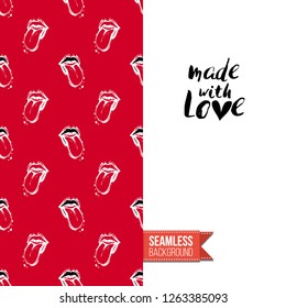 Greeting card with rock-style seamless pattern, text: made with love. Hand drawn graphic rock music attributes doodle elements. Vector template for music band, concert, party.