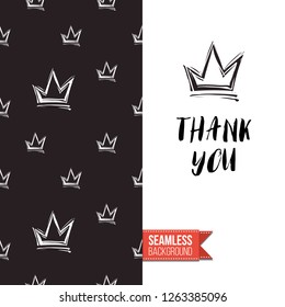 Greeting card with rock-style seamless pattern, text: thank you. Hand drawn graphic rock music attributes doodle elements. Vector template for music band, concert, party.
