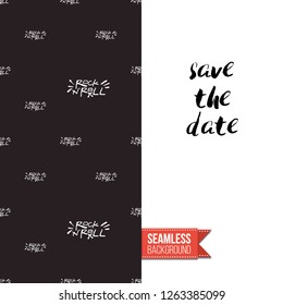 Greeting card with rock-style seamless pattern, text: save the date. Hand drawn graphic rock music attributes doodle elements. Vector template for music band, concert, party.