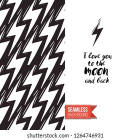 Greeting card with rock-style seamless pattern, text: i love you to the moon and back. Hand drawn graphic rock music attributes doodle elements. Vector template for music band, concert, party.