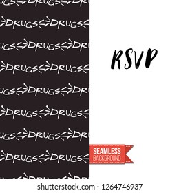 Greeting card with rock-style seamless pattern, text: rsvp. Hand drawn graphic rock music attributes doodle elements. Vector template for music band, concert, party. Invitation, postcard or flyer.