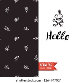 Greeting card with rock-style seamless pattern, text: hello. Hand drawn graphic rock music attributes doodle elements. Vector template for music band, concert, party. Invitation, postcard or flyer.