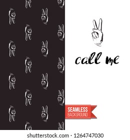 Greeting card with rock-style seamless pattern, text: call me. Hand drawn graphic rock music attributes doodle elements. Vector template for music band, concert, party. Invitation, postcard or flyer.