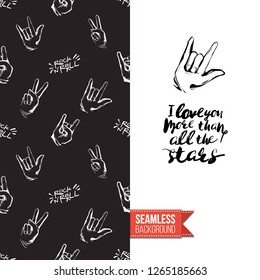 Greeting card with rock-style seamless pattern, text: i love you more than all the stars. Hand drawn graphic rock music attributes doodle elements. Vector template for music band, concert, party.