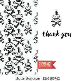 Greeting card with rock-style seamless pattern, text: thank you. Hand drawn graphic rock music attributes doodle elements. Vector template for music band, concert, party.