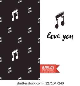 Greeting card with rock-style seamless pattern, text: love you. Hand drawn graphic rock music attributes doodle elements. Vector template for music band, concert, party. Invitation, postcard or flyer.