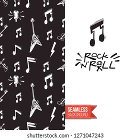 Greeting card with rock-style seamless pattern, text: rock'n'roll. Hand drawn graphic rock music attributes doodle elements. Vector template for music band, concert, party.