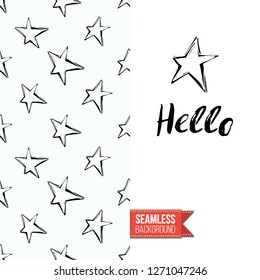 Greeting card with rock-style seamless pattern, text: hello. Hand drawn graphic rock music attributes doodle elements. Vector template for music band, concert, party. Invitation, postcard or flyer.