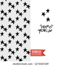 Greeting card with rock-style seamless pattern, text: hard rock. Hand drawn graphic rock music attributes doodle elements. Vector template for music band, concert, party.