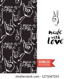 Greeting card with rock-style seamless pattern, text: made with love. Hand drawn graphic rock music attributes doodle elements. Vector template for music band, concert, party.