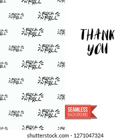Greeting card with rock-style seamless pattern, text: thank you. Hand drawn graphic rock music attributes doodle elements. Vector template for music band, concert, party.