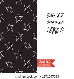 Greeting card with rock-style seamless pattern, text: sex drugs rock-n-roll. Hand drawn graphic rock music attributes doodle elements. Vector template for music band, concert, party.