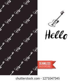 Greeting card with rock-style seamless pattern, text: hello. Hand drawn graphic rock music attributes doodle elements. Vector template for music band, concert, party. Invitation, postcard or flyer.