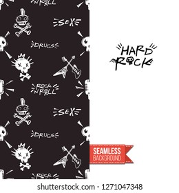 Greeting card with rock-style seamless pattern, text: hard rock. Hand drawn graphic rock music attributes doodle elements. Vector template for music band, concert, party.