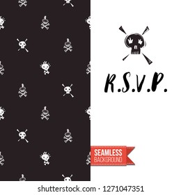 Greeting card with rock-style seamless pattern, text: r.s.v.p.. Hand drawn graphic rock music attributes doodle elements. Vector template for music band, concert, party. Invitation, postcard or flyer.