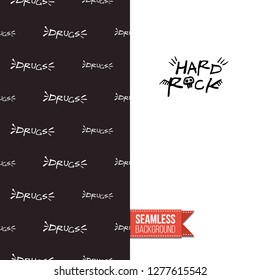 Greeting card with rock-style seamless pattern, text: hard rock. Hand drawn graphic rock music attributes doodle elements. Vector template for music band, concert, party.