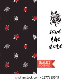 Greeting card with rock-style seamless pattern, text: save the date. Hand drawn graphic rock music attributes doodle elements. Vector template for music band, concert, party.