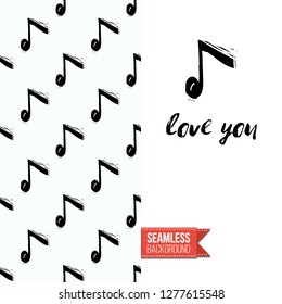 Greeting card with rock-style seamless pattern, text: love you. Hand drawn graphic rock music attributes doodle elements. Vector template for music band, concert, party. Invitation, postcard or flyer.