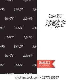 Greeting card with rock-style seamless pattern, text: sex and rock-n-roll. Hand drawn graphic rock music attributes doodle elements. Vector template for music band, concert, party.