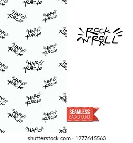 Greeting card with rock-style seamless pattern, text: rock'n'roll. Hand drawn graphic rock music attributes doodle elements. Vector template for music band, concert, party.