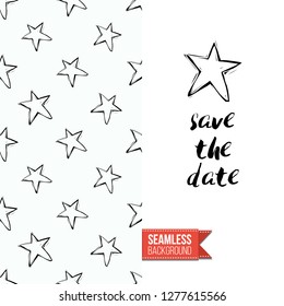 Greeting card with rock-style seamless pattern, text: save the date. Hand drawn graphic rock music attributes doodle elements. Vector template for music band, concert, party.