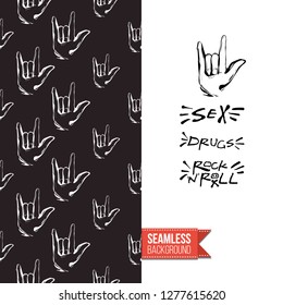 Greeting card with rock-style seamless pattern, text: sex drugs rock-n-roll. Hand drawn graphic rock music attributes doodle elements. Vector template for music band, concert, party.
