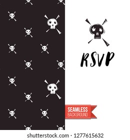 Greeting card with rock-style seamless pattern, text: rsvp. Hand drawn graphic rock music attributes doodle elements. Vector template for music band, concert, party. Invitation, postcard or flyer.