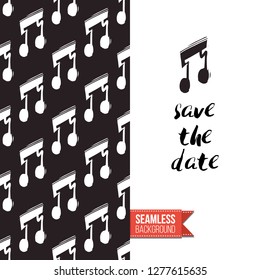 Greeting card with rock-style seamless pattern, text: save the date. Hand drawn graphic rock music attributes doodle elements. Vector template for music band, concert, party.