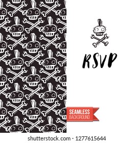 Greeting card with rock-style seamless pattern, text: rsvp. Hand drawn graphic rock music attributes doodle elements. Vector template for music band, concert, party. Invitation, postcard or flyer.