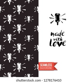 Greeting card with rock-style seamless pattern, text: made with love. Hand drawn graphic rock music attributes doodle elements. Vector template for music band, concert, party.