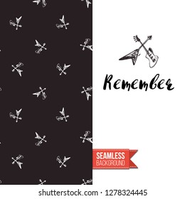 Greeting card with rock-style seamless pattern, text: remember. Hand drawn graphic rock music attributes doodle elements. Vector template for music band, concert, party. Invitation, postcard or flyer.