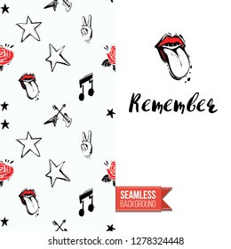 Greeting card with rock-style seamless pattern, text: remember. Hand drawn graphic rock music attributes doodle elements. Vector template for music band, concert, party. Invitation, postcard or flyer.