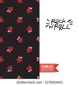 Greeting card with rock-style seamless pattern, text: rock'n'roll. Hand drawn graphic rock music attributes doodle elements. Vector template for music band, concert, party.