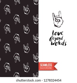 Greeting card with rock-style seamless pattern, text: love beyond words. Hand drawn graphic rock music attributes doodle elements. Vector template for music band, concert, party.