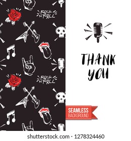 Greeting card with rock-style seamless pattern, text: thank you. Hand drawn graphic rock music attributes doodle elements. Vector template for music band, concert, party.