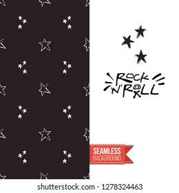 Greeting card with rock-style seamless pattern, text: rock'n'roll. Hand drawn graphic rock music attributes doodle elements. Vector template for music band, concert, party.