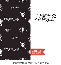 Greeting card with rock-style seamless pattern, text: rock'n'roll. Hand drawn graphic rock music attributes doodle elements. Vector template for music band, concert, party.