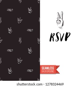 Greeting card with rock-style seamless pattern, text: rsvp. Hand drawn graphic rock music attributes doodle elements. Vector template for music band, concert, party. Invitation, postcard or flyer.
