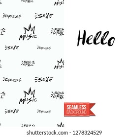 Greeting card with rock-style seamless pattern, text: hello. Hand drawn graphic rock music attributes doodle elements. Vector template for music band, concert, party. Invitation, postcard or flyer.